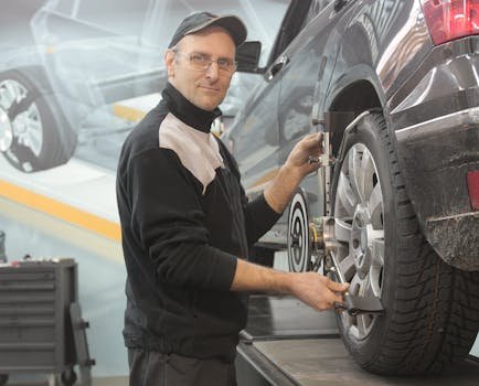Mechanic performing wheel alignment on a car in a professional garage setting.